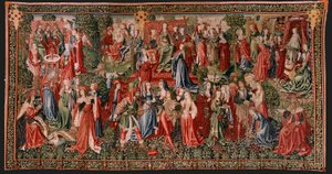 Vlámský gobelín. Seriál Lidské vykoupení aneb Neřesti a ctnosti. Neřesti vedou člověka k hříchu (Los Vicios conducen al Hombre al pecado). Druhá tapisérie v sérii (první z těch uložených v Palencii. bruselská výroba, dílna. Kol. 1510. Rozměr 425 x 800 cm.  od Flemish School