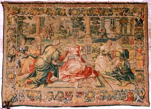 Vlámský gobelín. Seriál Mark Anthony a Kleopatra. Kleopatra a její dvůr (Cleopatra en su corte). Model Cartoon připisovaný Pieteru Coecke van Aelstovi. Výroba Brusel(?). Druhá polovina 16. století. Tkanina Hedvábí a vlna. Rozměr 310 x 435 cm. Původ od Flemish School