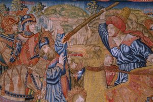 Vlámský gobelín. Série Morality: Ctnost vyznamenání (De deugd van de Honores, Ctnost vyznamenání). Cca 1520. Detail od Flemish School