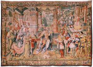 Vlámský gobelín. Seriál Příběh Davida. David před Saulem (David ante Saúl). Model od Bernarda van Orleyho. Výroba Brusel. Ca1525. Tkanina Hedvábí a vlna. Rozměr 560 x 410 cm. Umístění Katedrála Burgos. Původ Odkaz katedrále v roce 1535 od kard od Flemish School