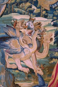 Vlámský gobelín. Seriál Apokalypsa: Svatý Michael porazil draka. Ateliér Willem Dermoyen, Brusel. Přibližně 1553-1555. Detail. od Flemish School