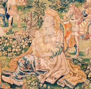 Vlámský gobelín. Série Kniha Judita. Judith před Holofernem (Judith ante Holofernes). Pátá tapisérie v sérii. Výroba Nizozemsko, Brusel(?). Druhá polovina 16. století. Tkanina Vlna. Umístění Kostel svatého Mikuláše z Bari (mus od Flemish School
