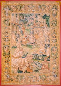 Vlámský gobelín. Série Kniha Judita. Vraťte se do Bethulie (Regreso a Betulia). Osmý gobelín v sérii. Výroba Nizozemsko, Brusel(?). Druhá polovina 16. století. Tkanina Vlna. Umístění Kostel svatého Mikuláše z Bari (otevřeno muzeum od Flemish School