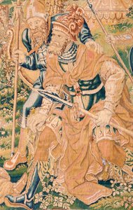 Vlámský gobelín. Série Kniha Judita. Stětí hlavy Holoferna (La decapitación de Holofernes). Sedmá tapisérie v sérii. Výroba Nizozemsko, Brusel(?). Druhá polovina 16. století. Tkanina Vlna. Umístění Kostel svatého Mikuláše od Flemish School