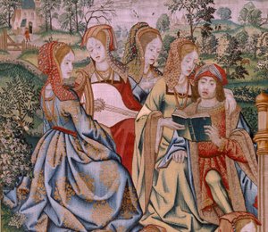 Vlámský gobelín. Seriál Historie Davida a Batšeby. Bathseba ve vaně (Betsabé en el baño sorprendida por David). První panel série. Anonymní model. Neznámá výroba, Brusel od Flemish School