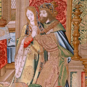 Vlámský gobelín. Seriál Historie Davida a Batšeby. Manželství Davida a Batsheby (Casamiento de David y Betsabé). Druhý panel série. Anonymní model. Neznámá výroba, Brusel. 1505. Látka Zlato, hedvábí a vlna. od Flemish School