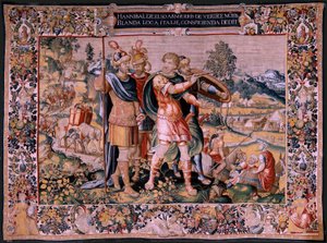 Vlámský gobelín. Seriál Historie Hannibala. Přechod Alp (Paso de los Alpes). Druhá tapisérie z dochovaných. Modelky Anonymní mistr Nizozemska. bruselská výroba, dílna. Cca 1570. Látka Vlna a hedvábí, 6,5/7 osnovy za od Flemish School
