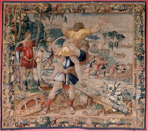 Vlámský gobelín. Seriál The Labors of Hercules. Herkules a Antaeus (Hércules y Anteo). Čtvrtá tapisérie v dochované sérii. ; Model neznámý. Výroba Willem Dermoyen, Brusel. Ca 1528. Látka Hedvábí a vlna. Rozměr 362 x 403 cm. Místo Královský palác od Flemish School