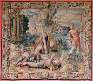 Vlámský gobelín. Seriál The Labors of Hercules. Herkules bojující s Minotaurem. Herkules bojující s Minotaurem). Druhá tapisérie v dochované sérii. ModelNeznámý. Výroba Willem Dermoyen, Brusel. Kolem 1528. od Flemish School