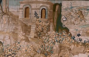 Vlámský gobelín. Seriál The Labors of Hercules. Herkules zajme Cerbera (Hércules captura a Cancerbero). Šestá tapisérie v dochované sérii. Model neznámý. Výroba Willem Dermoyen, Brusel. Ca1528. Tkanina Hedvábí a vlna. Rozměr 345 x 390 cm. Locati od Flemish School