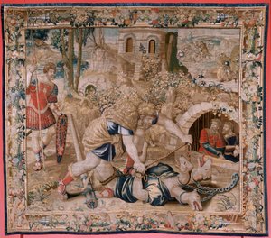 Vlámský gobelín. Seriál The Labors of Hercules. Herkules zajme Cerbera (Hércules captura a Cancerbero). Šestá tapisérie v dochované sérii. Model neznámý. Výroba Willem Dermoyen, Brusel. Ca1528. Tkanina Hedvábí a vlna. Rozměr 345 x 390 cm. Locati od Flemish School