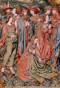 Vlámský gobelín. Seriál Umučení Krista. Sestup z kříže (Descendimiento). Druhá série tapisérií Umučení Krista patřící Patrimonio Nacional. Modelové karikaturisty z okruhu Jana van Roome. Výroba Pieter va od Flemish School