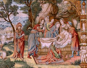 Vlámský gobelín. Seriál Umučení Krista. Sestup z kříže (Descendimiento). Druhá série tapisérií Umučení Krista patřící Patrimonio Nacional. Modelové karikaturisty z okruhu Jana van Roome. Výroba Pieter va od Flemish School