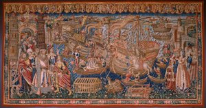 Vlámský gobelín. Seriál Portugalci v Indii: Přílet do Calicut (z Aankomstu v Calicut, Llegado de Vasco de Gama do Lisabonu). Ca 1510. Sbírka Caixa Geral de Depósitos, Lisabon. od Flemish School