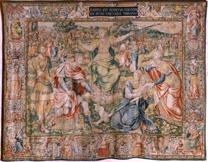 Vlámský gobelín. Seriál Sedm ctností. Spravedlnost (La Justicia). Model založený na Michiel Coxcie. Výroba Brusel. Výrobce Frans Geubels. Přibližně 1560-1570. Tkanina Hedvábí a vlna. Rozměr 330 x 450 cm. Umístění Katedrála Burgos. Původ Odkaz na t od Flemish School