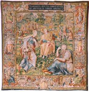 Vlámský gobelín. Seriál Sedm ctností. Střídmost (La Templanza). Model založený na Michiel Coxcie. Výroba Brusel. Výrobce Frans Geubels. Ca1560-1570. Tkanina Hedvábí a vlna. Rozměr 330 x 320 cm. Umístění Katedrála Burgos. Původ Odkaz t. j od Flemish School