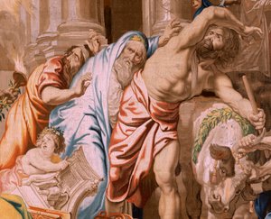 Vlámský gobelín. Seriál Triumf eucharistie. Vítězství eucharistie nad pohanskými oběťmi (Victoria de la Eucaristía sobre los sacrificios paganos). Čtvrtá tapisérie v sérii. Model Peter Paul Rubens. 1626-1628. Výroba Jan II Raes, Jac od Flemish School