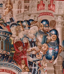 Vlámský gobelín. Seriál Trojská válka. Zničení Tróje (Destrucción de Troya). Jedenáctá tapisérie v sérii. Model Coëtivy Master (Henry nebo Conrard de Vulcop). Výroba dílen Tournai. Ca 1470. Látka Vlna a hedvábí, 6/7 osnovy na cm. od Flemish School