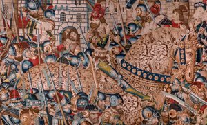 Vlámský gobelín. Seriál Trojská válka. Zničení Tróje (Destrucción de Troya). Jedenáctá tapisérie v sérii. Model Coëtivy Master (Henry nebo Conrard de Vulcop). Výroba dílen Tournai. Ca 1470. Látka Vlna a hedvábí, 6/7 osnovy na cm. od Flemish School