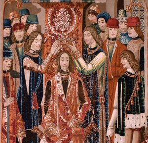 Vlámský gobelín. Série Neznámá. římské dějiny? Tarquinius Priscus (Tarquino Prisco). Výroba bruselských dílen?. Ca 1475. Látka Vlna a hedvábí, 6 osnov na cm. Původ Dar hraběte Alby de Aliste, dorazil do katedrály v roce 1608. ; Locati od Flemish School