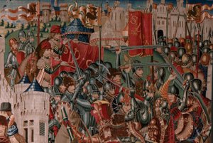 Vlámský gobelín. Série Neznámá. římské dějiny? Tarquinius Priscus (Tarquino Prisco). Výroba bruselských dílen?. Ca 1475. Látka Vlna a hedvábí, 6 osnov na cm. Původ Dar hraběte Alby de Aliste, dorazil do katedrály v roce 1608. ; Locati od Flemish School