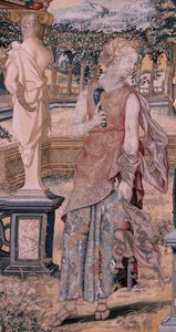 Vlámský gobelín. Série Vertumnus a Pomona. Vertumnus proměněný v kombajn (Vertumno transformado en segador). První tapisérie v sérii. Modelový kruh Pietera Coecka van Aelsta. ; Výroba Wilhelm Pannemaker, Brusel. Přibližně 1545-1550. Tkanina od Flemish School