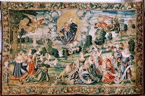 Vlámský gobelín. Seriál Hail. Ad te clamamus. Druhá tapisérie v sérii. Výroba bruselských dílen, možná výroba Marca Crétifa. Ca 1528. Rozměr 429 x 646 cm. Tkanina Hedvábí a vlna. Umístění Katedrála v Palencii. Původ Odkaz z od Flemish School