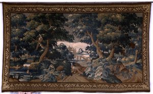 Vlámský gobelín. vydržet. milostná scéna. Oudenaarde. Konec 17.-začátek 18. století. Majetek kostela Sint-Walburgakerk Oudenaarde (Dekenij van de Sint-Walburga). Detail od Flemish School