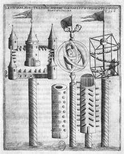 Jak nastavit ohňostroj, ilustrace z Tratado de Artilleria od Diega Ufana, Brusel, 1613 od Flemish School