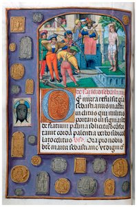 MS 4, sv. 127, f.112v, Umučení svatého Šebestiána s trompe l’oeil okrajem poutnických odznaků a verniklu, z Knihy hodin, Flandry, začátek 16. století (pero a inkoust a tempera na pergamenu) od Flemish School