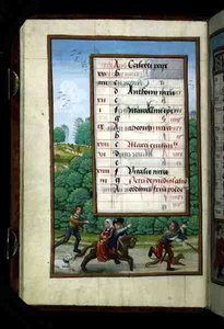 Ms 1058-1975 f4v A Master and his Lady Ride with the Hunt, osvětlená stránka kalendáře na duben, z Knihy hodin, cca 1500 (vellum) od Flemish School