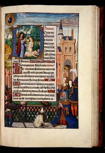 Ms 1058-1975, f.74r: Král David se modlí k Panně a Dítěti a historická iniciála D zobrazující stvoření Evy, z Knihy hodin, Bruggy, kolem 1510 (zlatý inkoust a tempera na pergamenu) od Flemish School