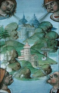 Paní Hunter 9 f.47v Čtyři větry vanoucí v rozích na mořskou krajinu, z „De Medina Fen I. II, od Avicenny (980-1037)“ (vellum) od Flemish School