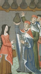 Ms Hunter 9 f.84r Žena s košíkem přinášejícím urinalis magnus, z De Medina Fen I. II, od Avicenny (980-1037) od Flemish School
