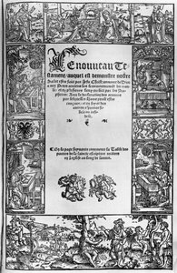Titulní strana nového zákona francouzského překladu Jacquese Lefevre dEtaplese (1450?-1537) vydaného v Antverpách roku 1531 od Flemish School