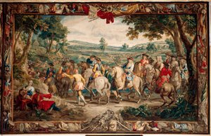 Zámek (Schlossanlage Schleißheim). Vlámský gobelín. Bruselský ateliér Judocus De Vos. Design Lambert De Hondt. Pochod (La Marche). Rozměr 400 x 640 cm. Vlna a hedvábí. Asi 1715-1724. od Flemish School