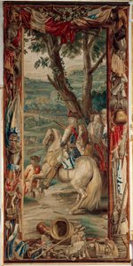 Zámek (Schlossanlage Schleissheim). Vlámský gobelín. Bruselské studio Judocus De Vos. Design Lambert De Hondt. Maxmilián II Emanuel (Maximilián Emmanuel a dva pěšáci). Rozměr 400 x 175 cm. Vlna a hedvábí. Přibližně 1715 - 1724. od Flemish School
