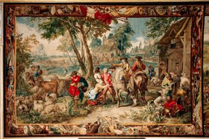 Zámek (Schlossanlage Schleißheim). Vlámský gobelín. Bruselský ateliér Judocus De Vos. Design Lambert De Hondt. Drancování (plundrování). Rozměr 400 x 595 cm. Vlna a hedvábí. Asi 1715-1724. od Flemish School