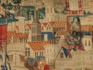 Farní muzeum tapisérií (Parish Museum of Pastrana Tapestries). Vlámský gobelín. Conquest of Tanger (Taking of Tanger, De inname van Tanger). Seriál Dobytí portugalského krále Alfonse I. Tournai. Vlna a hedvábí od Flemish School