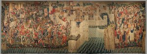 Farní muzeum tapisérií (Parish Museum of Pastrana Tapestries). Vlámský gobelín. Conquest of Tanger (Taking of Tanger, De inname van Tanger). Seriál Dobytí portugalského krále Alfonse I. Tournai. Vlna a hedvábí od Flemish School