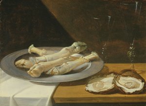 Prasečí kolena na cínovém talíři s ústřicemi a sklenicemi na víno na přehozeném stole, cca 1630 od Flemish School