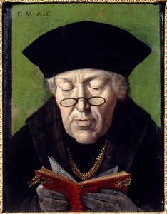 Portrét Thomase Morea (1478-1535), humanisty. Humanista je zastoupen s brýlemi při čtení knihy. Malba vlámské školy od Flemish School
