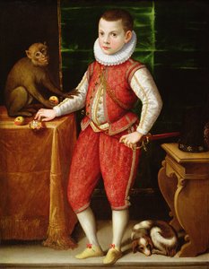 Portrét mladého šlechtice s opicí a psem, kolem roku 1615
