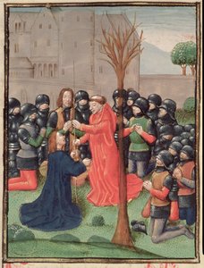 Roy 15 E I f.98v Nález kopí, kterým byl Kristus probodnut, z Estoire d