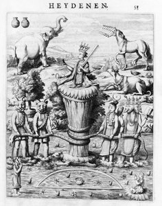 Samudramathana, za účasti Devy (Surya, Shiva, Vishnu, Brahma) s démony a horami. Podle Baldaea Philippa Afgoderye der oost-indische Heydenen. Amsterdam 1672 od Flemish School