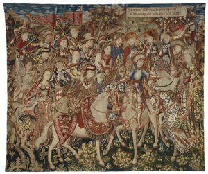 Gobelín s Herkulem a jeho společníky na hoře Olymp, možná vyrobený v Tournai, kolem 1465-70 (vlna a hedvábí) od Flemish School