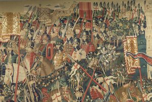 Tapiserie zobrazující dobytí krále Alfonsa V. Portugalska (Conquistas de Alfonso V de Portugal), Tournai. Detail. (Vlna a hedvábí) od Flemish School