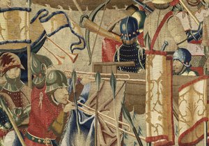 Tapiserie zobrazující dobytí krále Alfonsa V. Portugalska (Conquistas de Alfonso V de Portugal), Tournai. Detail. (Vlna a hedvábí) od Flemish School