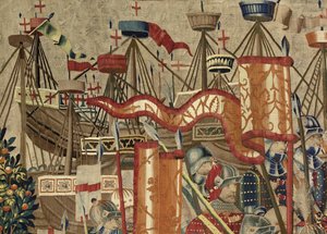 Tapiserie zobrazující dobytí krále Alfonsa V. Portugalska (Conquistas de Alfonso V de Portugal), Tournai. Detail. (Vlna a hedvábí) od Flemish School