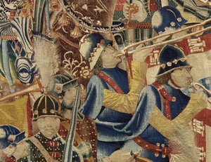 Tapiserie zobrazující dobytí krále Alfonsa V. Portugalska (Conquistas de Alfonso V de Portugal), Tournai. Detail. (Vlna a hedvábí) od Flemish School